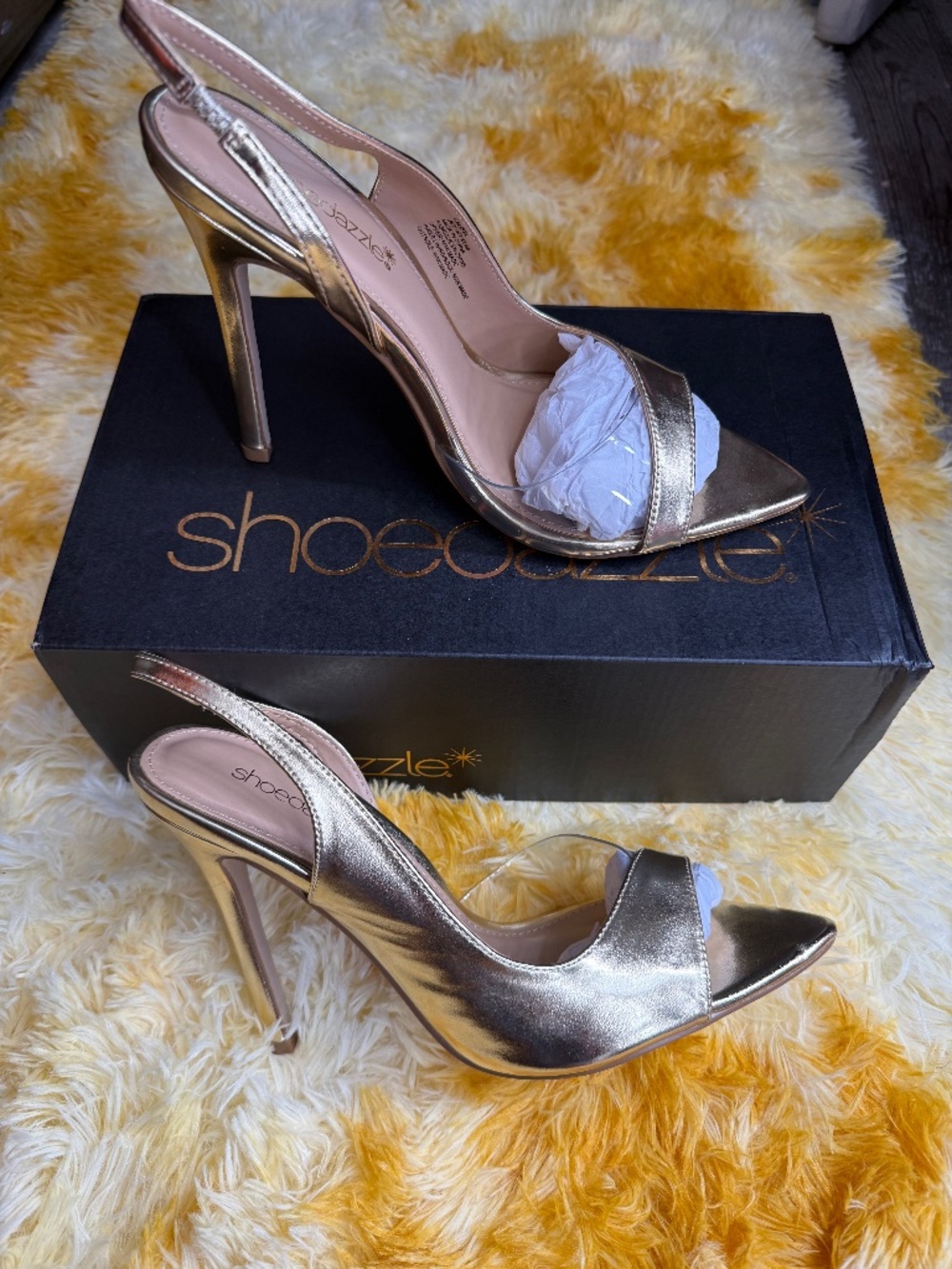Brand new in Box size 9 gold and clear sling backs